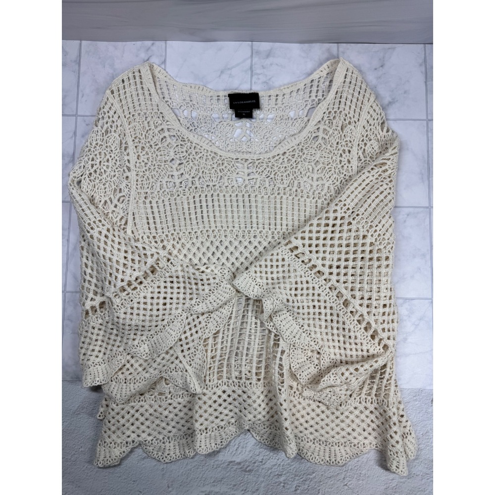Liv Los Angeles Ivory Crochet Bell Sleeve Top SB1811 XL Boho Scallop Hem Cotton